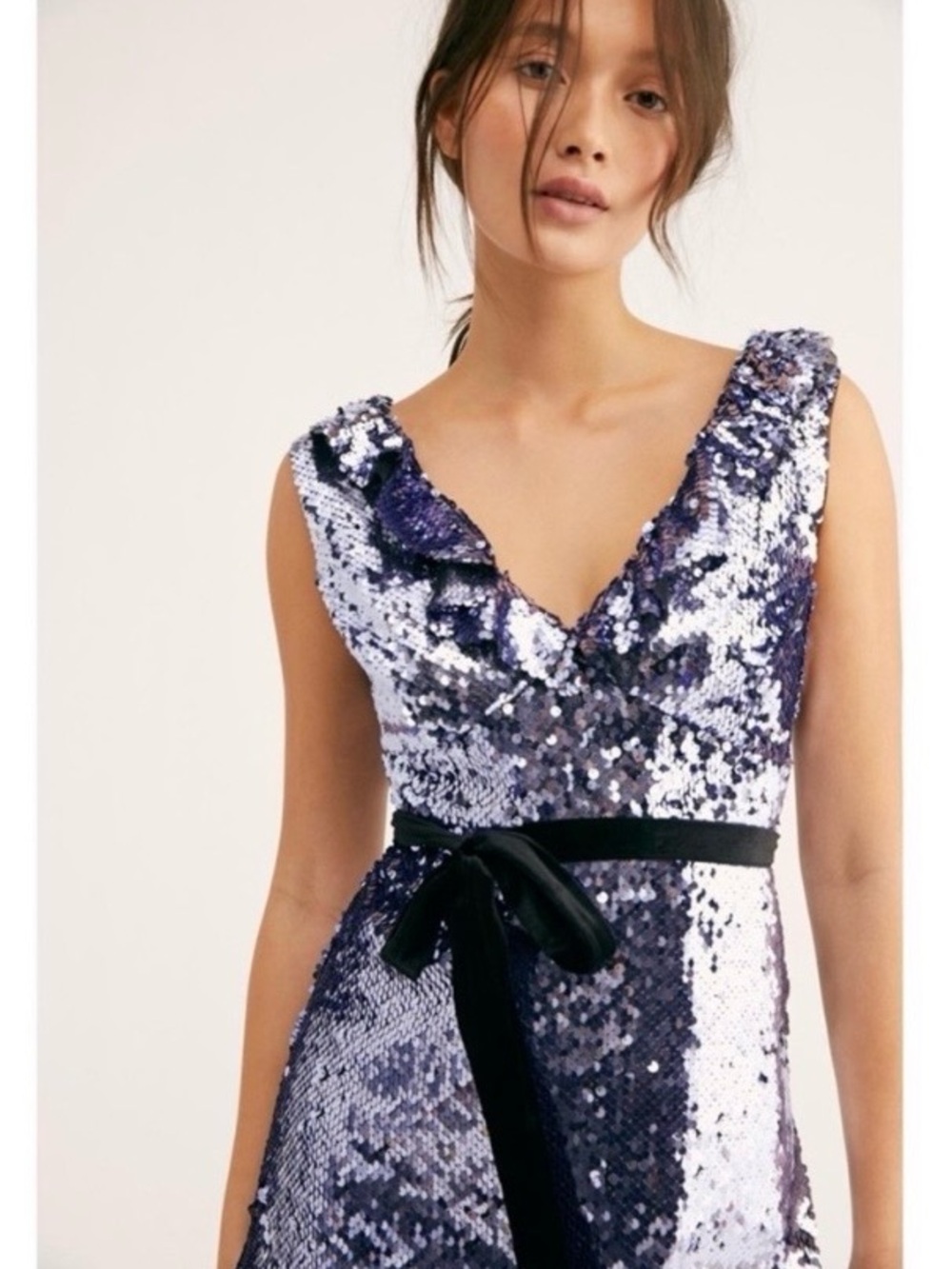 Free People Sequin Dress with Velvet Waist Tie - Lavender Purple